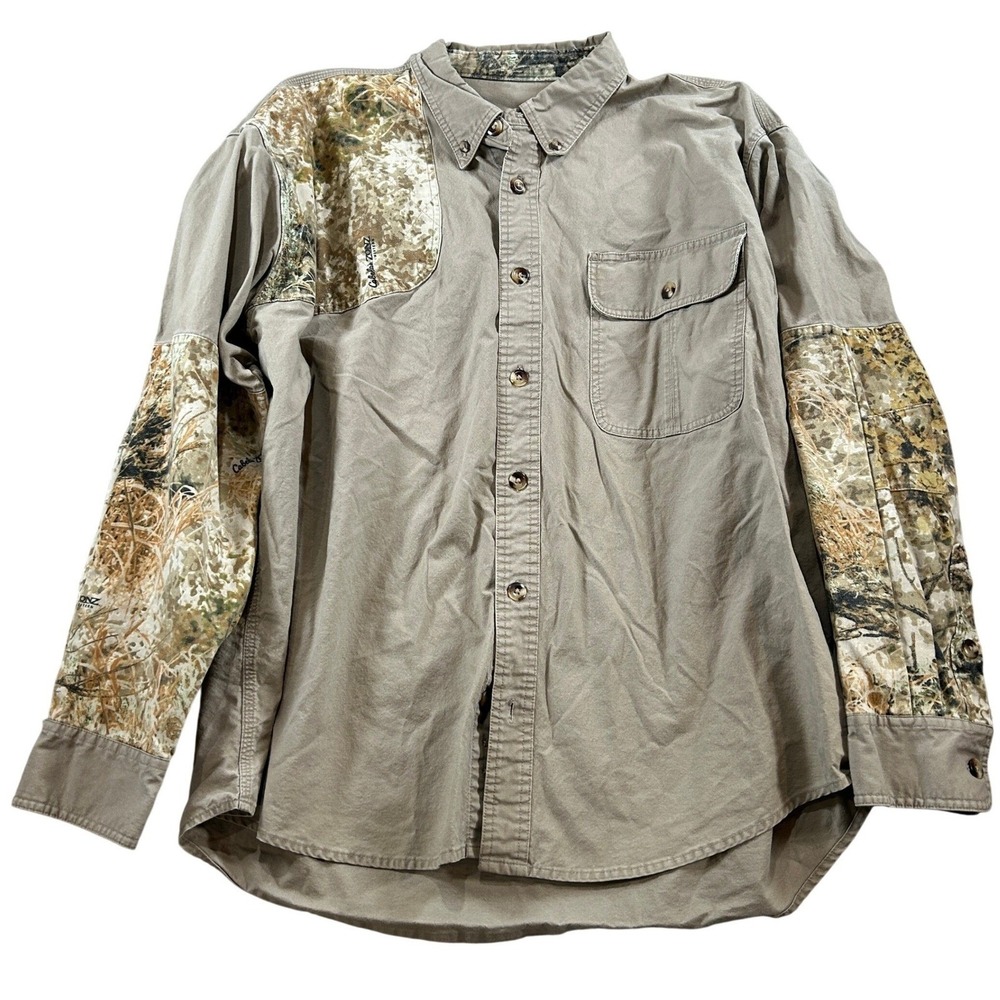 Cabelas Mens XL Zonz Western Camo Shooting Shirt Khaki Cotton Button Down